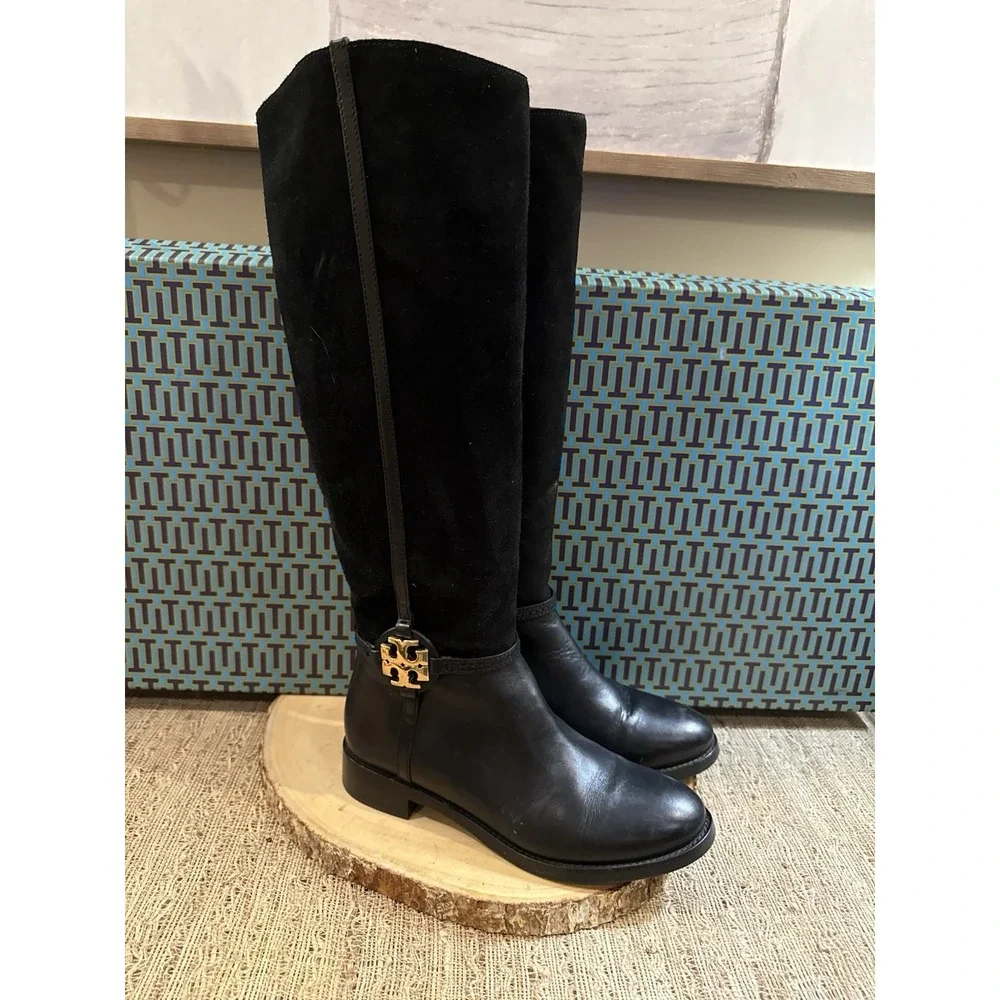 TORY‎ BURCH Miller Knee Riding Boot GOLD LOGO LEATHER SUEDE BLACK Sz-7.5 550$